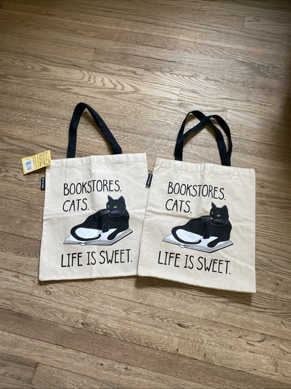 Two (2) Out of Print Bookstores. Cats. Life is Sweet. Tote Bags